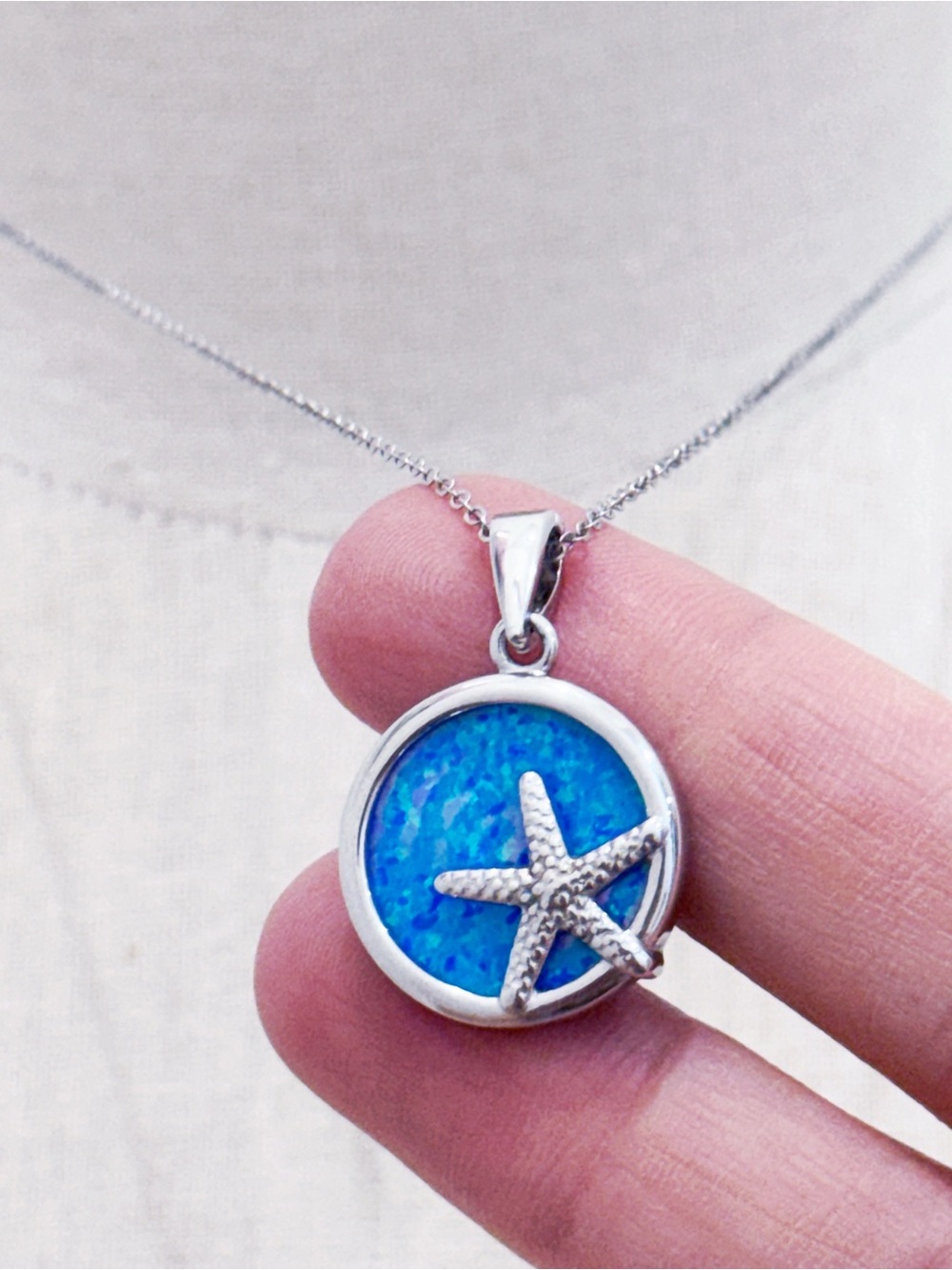 925 Lab Created Blue Opal Starfish Pendant Necklace NEW